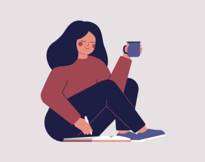 Animated woman holding a mug and journaling